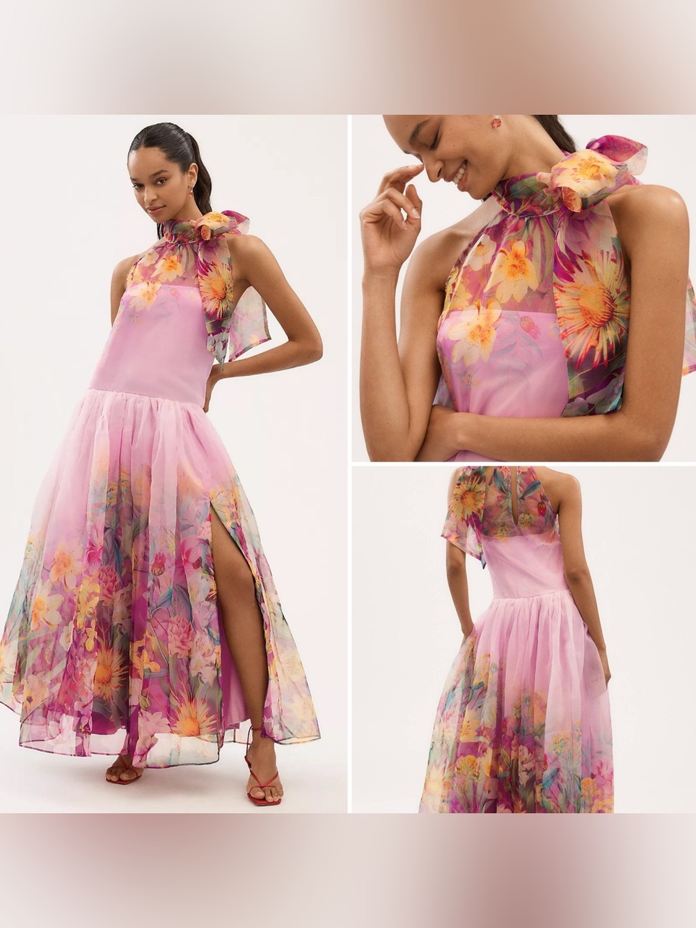 Anthropologie Bhldn Kendall High Neck Scarf Floral Organza Maxi Dress NWT